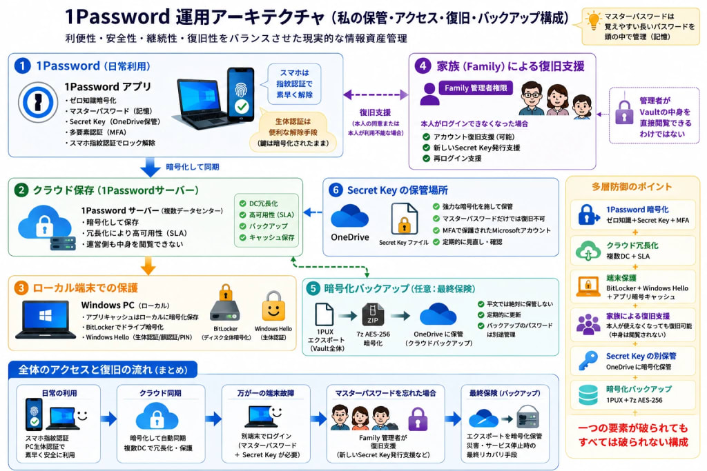 1Passwordを中心とした安全な情報資産管理構成図